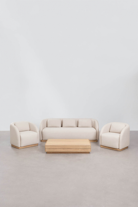 Living room set with 3-seater sofa, 2 armchairs, and rectangular coffee table 130x75 cm in Verona acacia wood