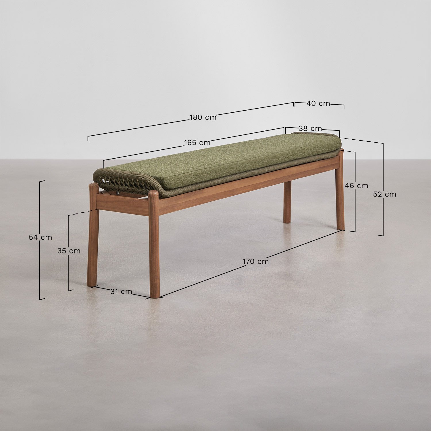 Rectangular table set 180x90 cm and 2 garden benches in acacia wood and braided rope Karvia, medidas