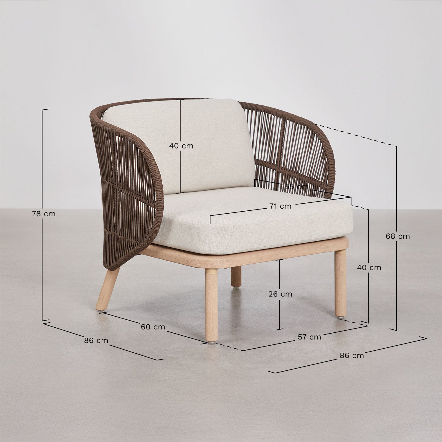 Garden set with 2 Capri braided rope armchairs and a round Ø75 cm Layana cement coffee table, medidas