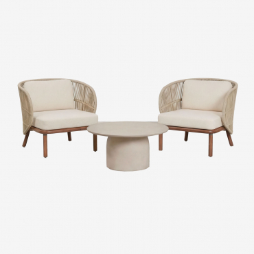 Garden Set With 2 Capri Braided Rope Armchairs And A Round Ø75 Cm Layana Cement Coffee Table Beige Cream - Sklum