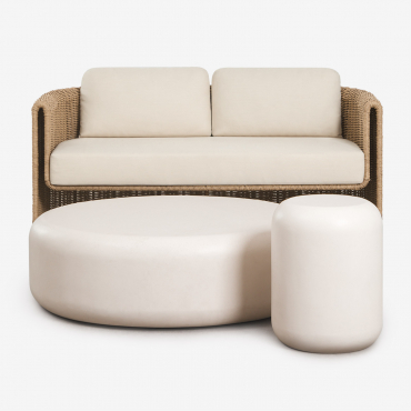 Living Room Set With 2-seater Sofa In Steel And Synthetic Wicker Lina And 2 Fonelas Cement Coffee Tables Fabric Gardenia White - Sklum