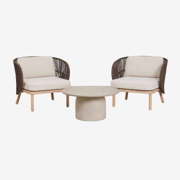 Living Room Set With 2 Capri Braided Rope Armchairs And A Round Ø75 Cm Layana Cement Coffee Table Brown Chocolate - Sklum