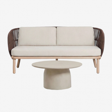 Living Room Set With 2-seater Sofa In Capri Braided Rope And Round Ø75 Cm Layana Cement Coffee Table Brown Chocolate - Sklum