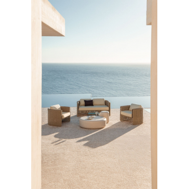 Garden Set With 2-seater Sofa, 2 Armchairs In Steel And Synthetic Rattan Lina, And 2 Cement Fonelas Coffee Tables Fabric Gardenia White - Sklum