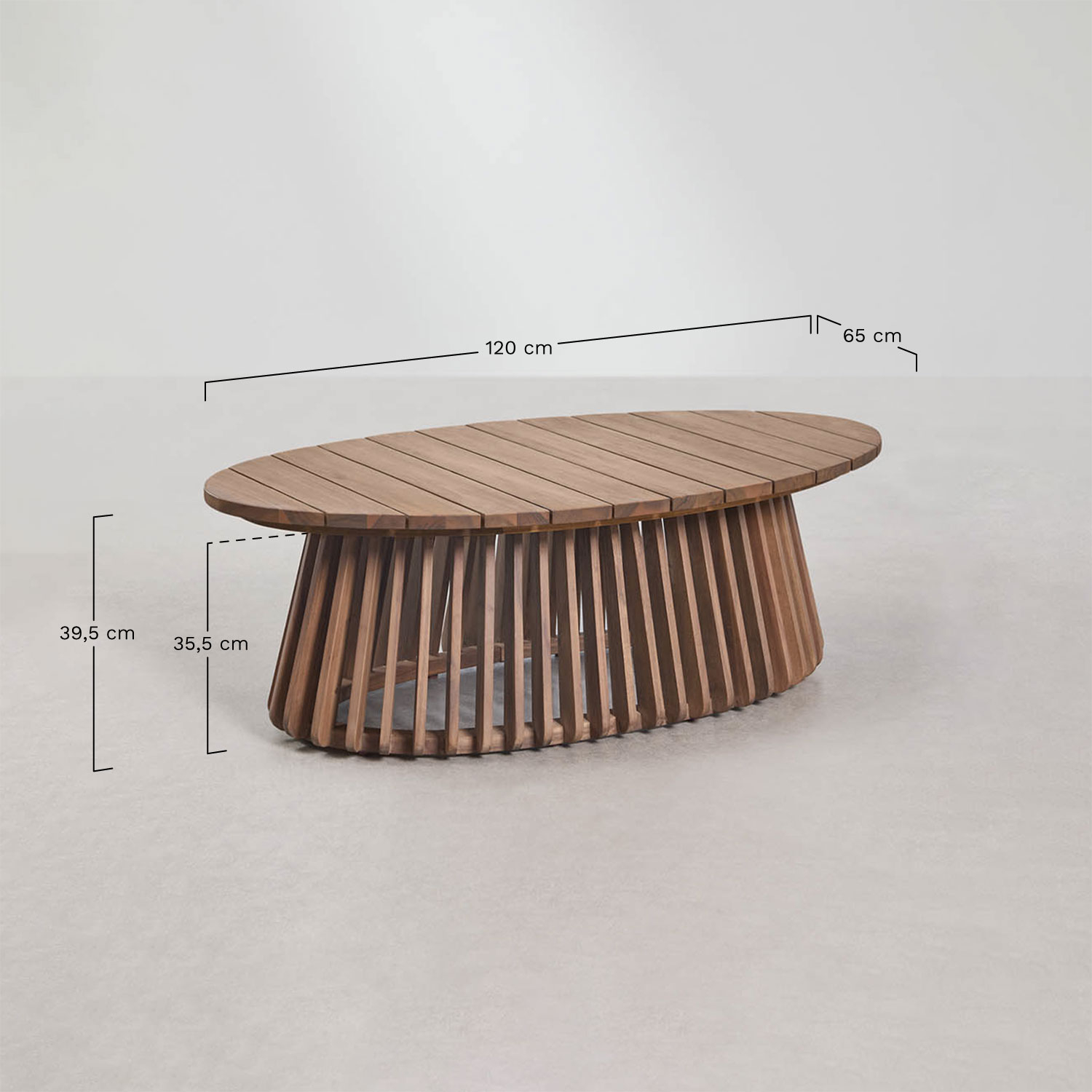 Oval 120x65 cm Acacia Wood Mura Garden Coffee Table, medidas