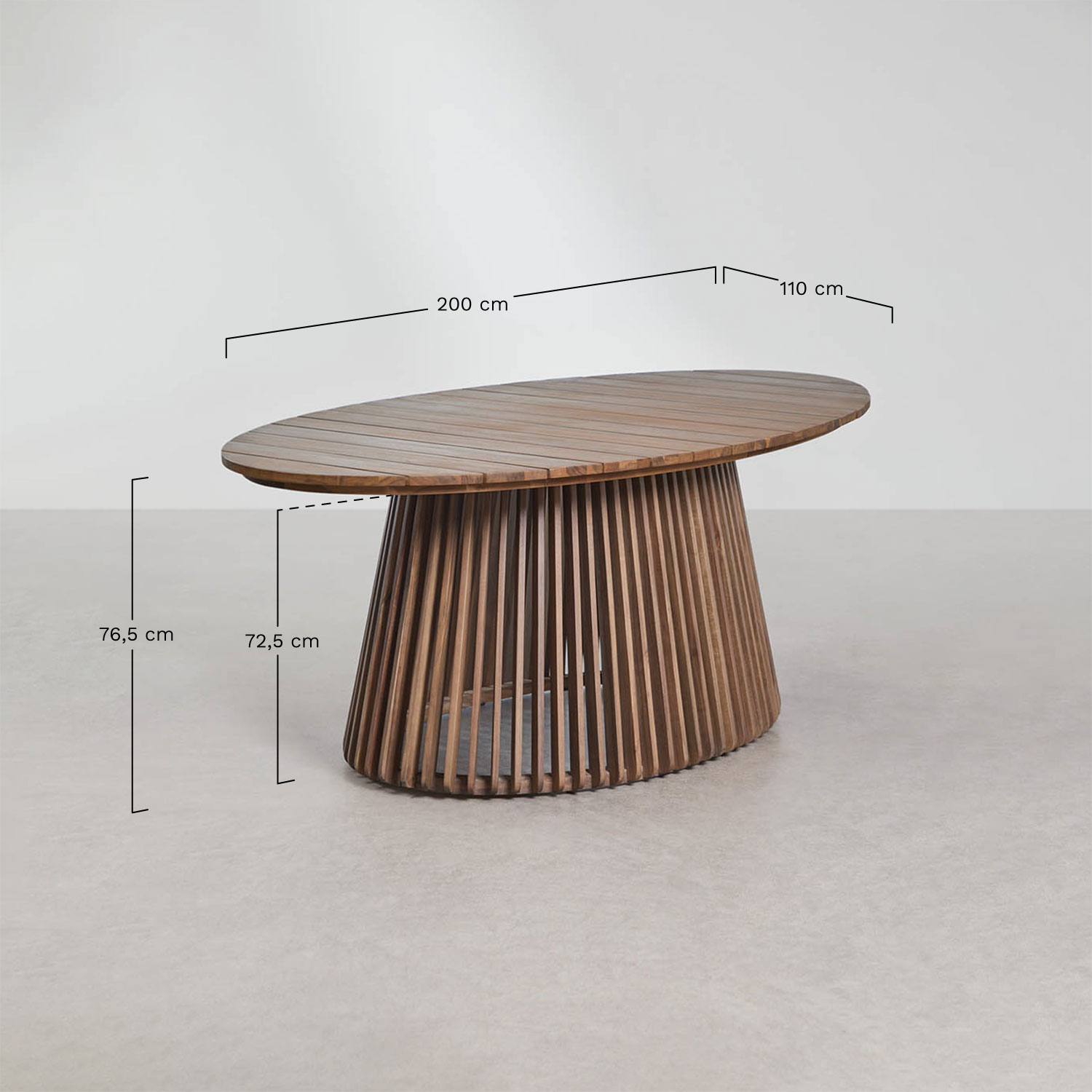 Oval garden table 200x110 cm in Mura acacia wood, medidas