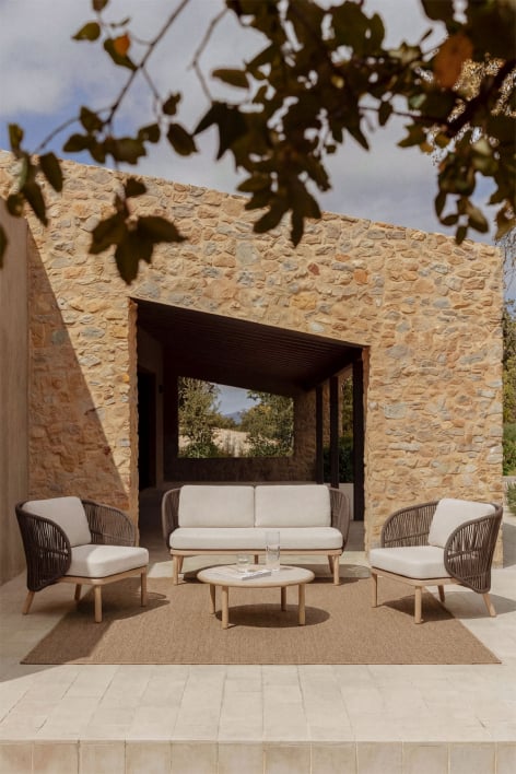 Garden set with 2-seater sofa, 2 Capri braided rope armchairs, and Olivia acacia wood coffee table