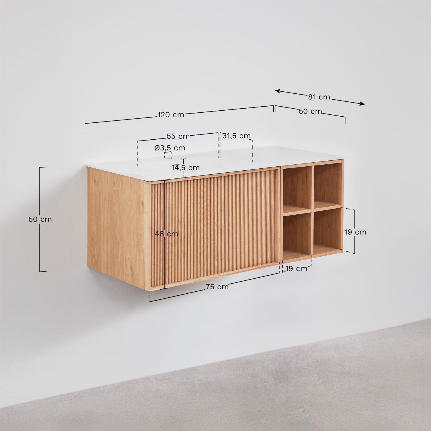 Suspended 120x50 cm wooden bathroom furniture set with integrated sink Endika, medidas