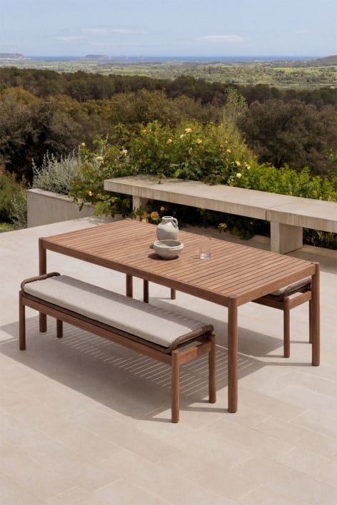 Rectangular table set 180x90 cm and 2 garden benches in acacia wood and braided rope Karvia - Hazelnut Brown Fabric