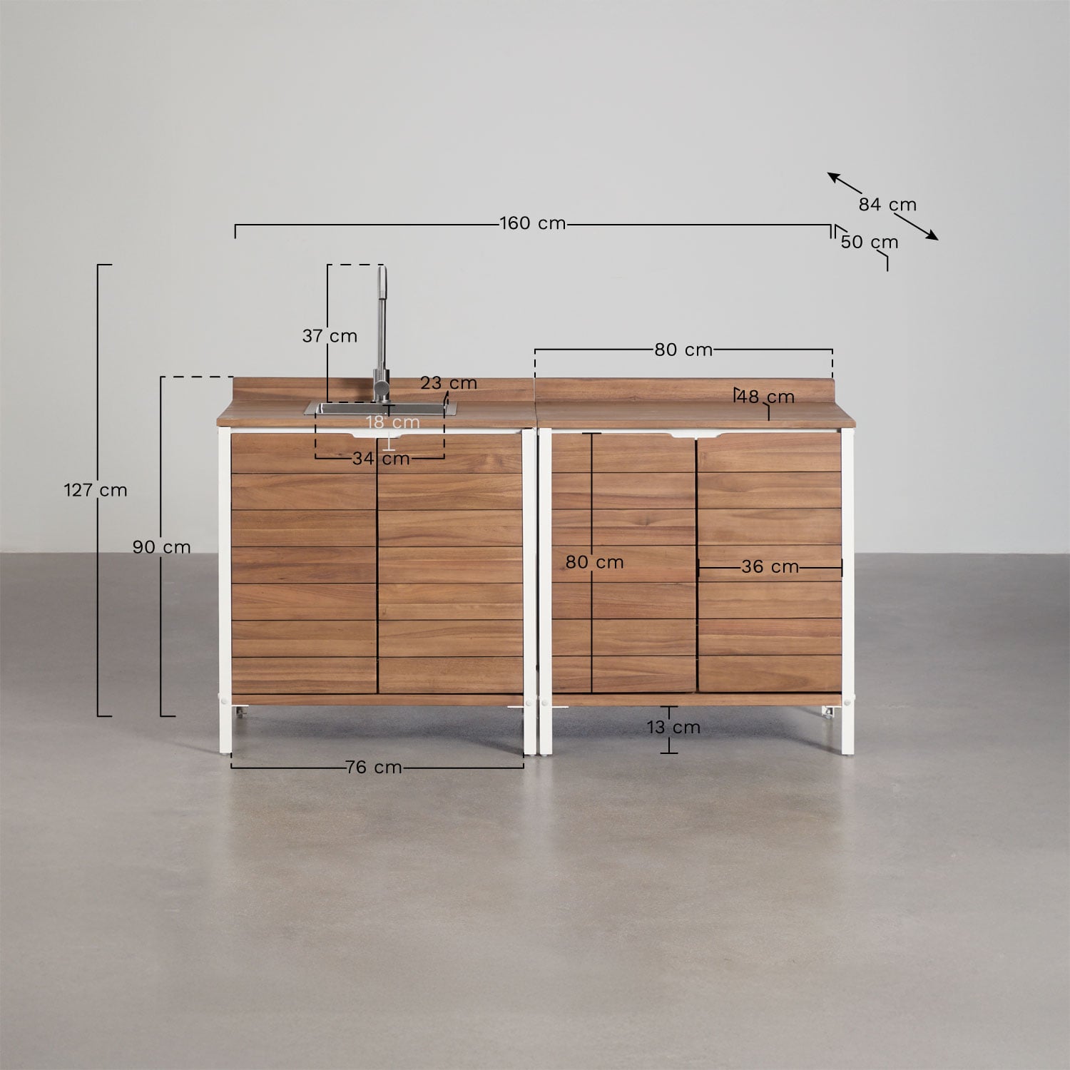 2-piece outdoor modular kitchen with sink and storage in acacia wood Reggie, medidas