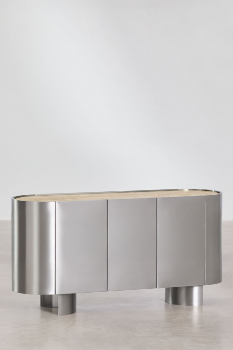 Oval sideboard 160x40 cm in stainless steel and travertine Luena - Travertine