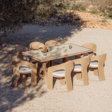 Dubai 200x100 Cm Rectangular Table Set And 8 Synthetic Rattan Garden Chairs Omarel Tapioca Beige - Sklum