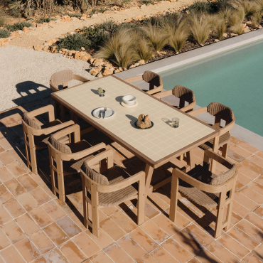 Rectangular 200x100 Cm Dubai Table Set And 8 Garden Chairs In Acacia Wood And Synthetic Rattan Ginara Tapioca Beige - Sklum