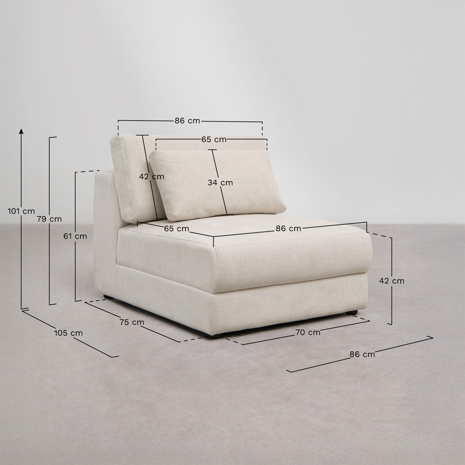 Central module for modular sofa with adjustable headrest in Cataline chenille, medidas