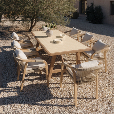 Rectangular Table Set 200x100 Cm And 8 Garden Chairs In Acacia Wood Dubai Tapioca Beige & Fabric Gardenia White - Sklum