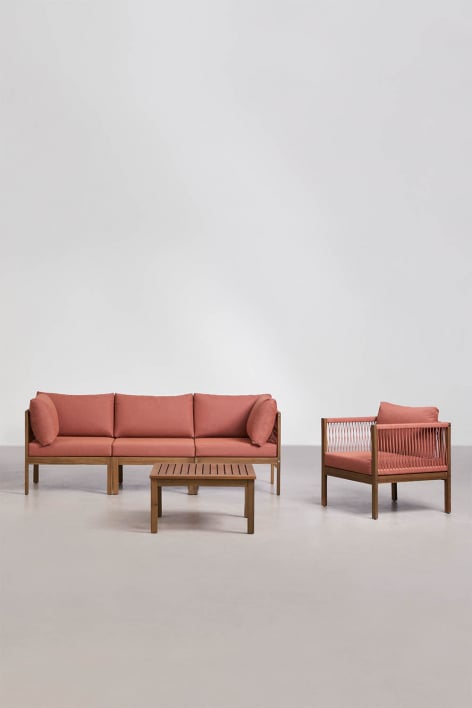 Living room set with 3-piece modular sofa with armrests, armchair, and acacia wood Branson coffee table - Terracota