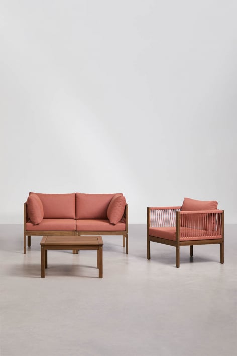 Living room set with 2-piece modular sofa with armrests, armchair, and acacia wood Branson coffee table - Terracota