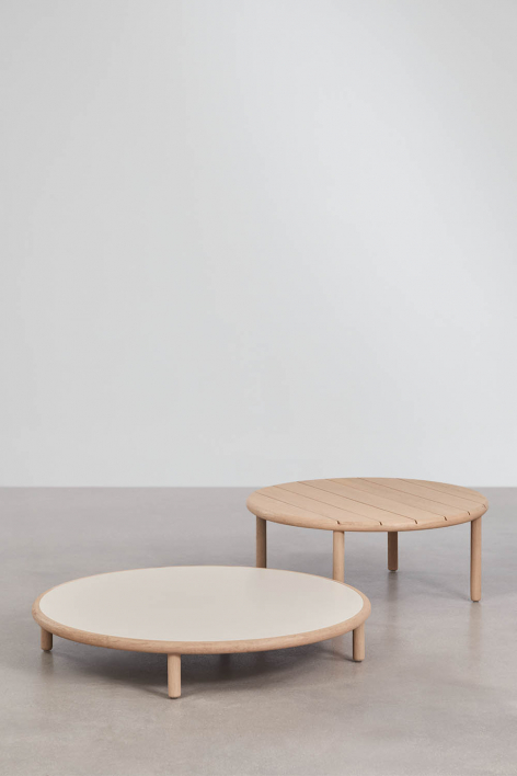 Set of 2 round acacia wood Olivia garden coffee tables - White Gardenia - Light Acacia Brown