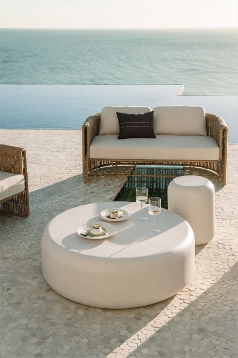 Garden set with 2-seater sofa in steel and synthetic wicker Lina and 2 cement Fonelas coffee tables