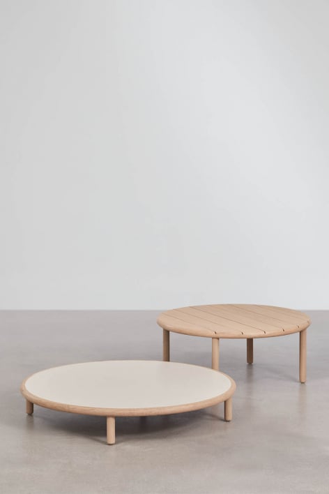 Set of 2 round coffee tables in Olivia acacia wood - White Gardenia - Light Acacia Brown