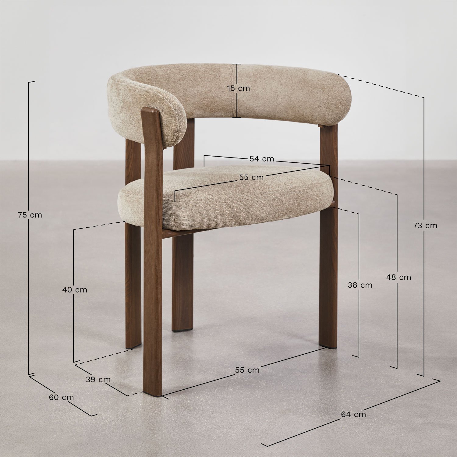 Jolie upholstered dining chair with armrests and iron frame, medidas