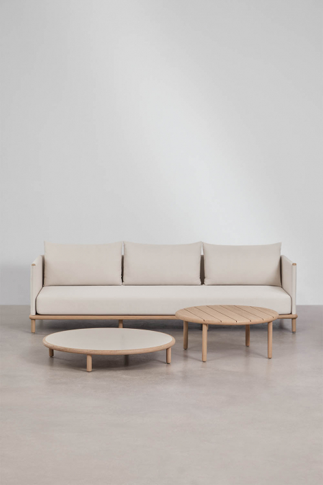 Living room set with 3-seater sofa and 2 round acacia wood coffee tables Olivia - White Gardenia - Light Acacia Brown