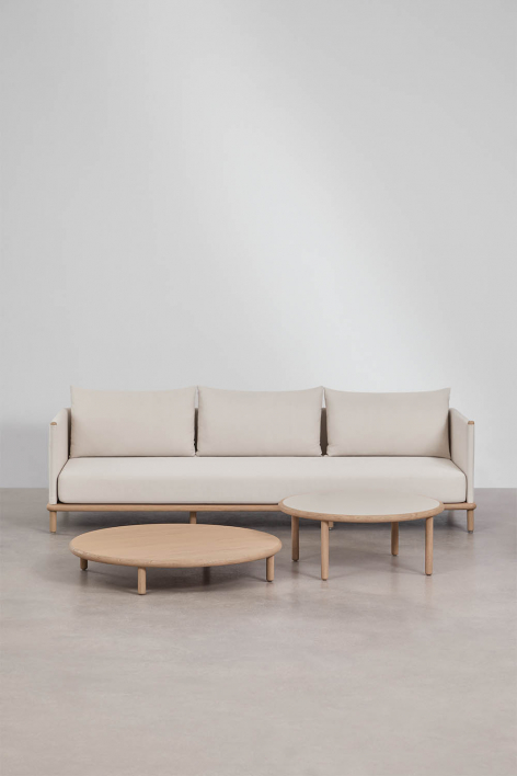 Living room set with 3-seater sofa and 2 round acacia wood coffee tables Olivia - Light Acacia Brown - Gardenia White