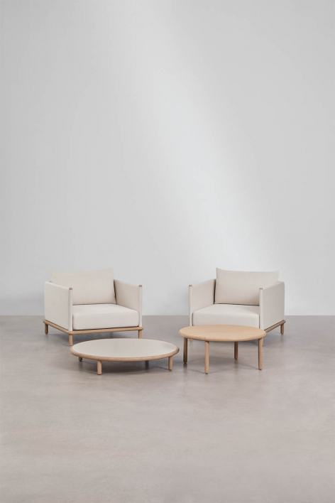 Olivia living room set with 2 armchairs and 2 round acacia wood coffee tables - White Gardenia - Light Acacia Brown