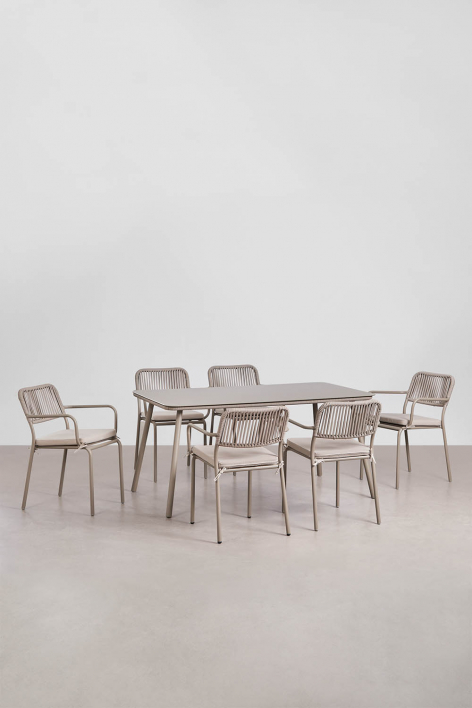 Rectangular table set 160x90 cm and 6 stackable garden chairs in braided rope Arhiza - Moka Brown