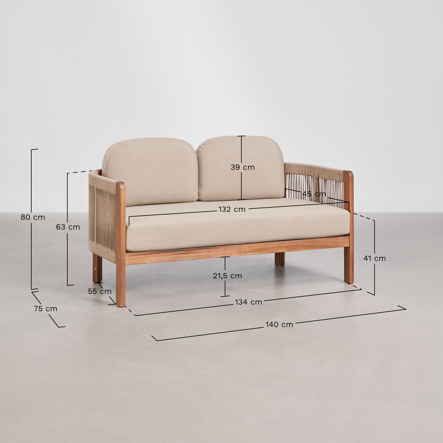 Serel garden set with 2-seater sofa, 2 armchairs and coffee table in acacia wood, medidas