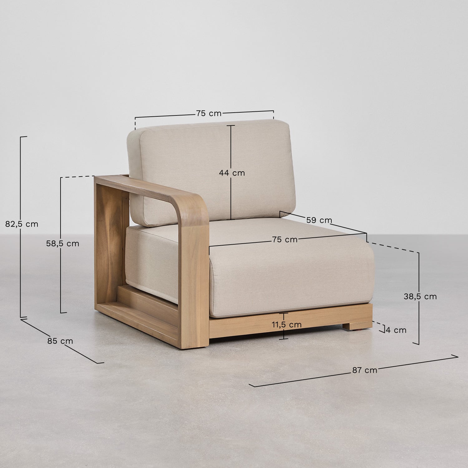 Left corner module for Brivori acacia wood modular garden sofa, medidas
