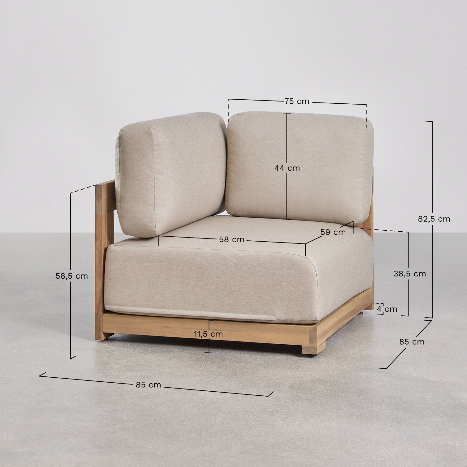 Brivori acacia wood corner module for modular garden sofa, medidas