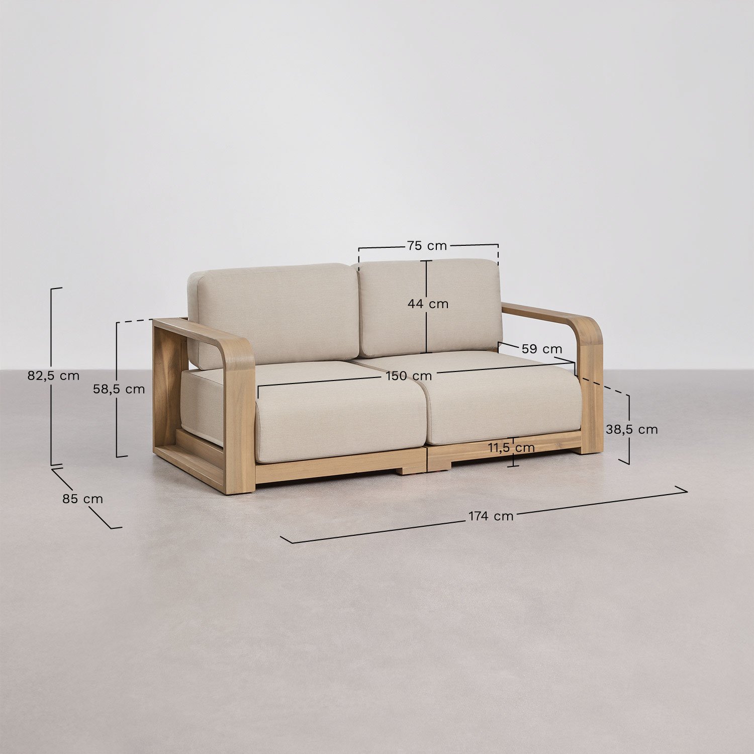 2-piece garden modular sofa with acacia wood armrests Brivori, medidas