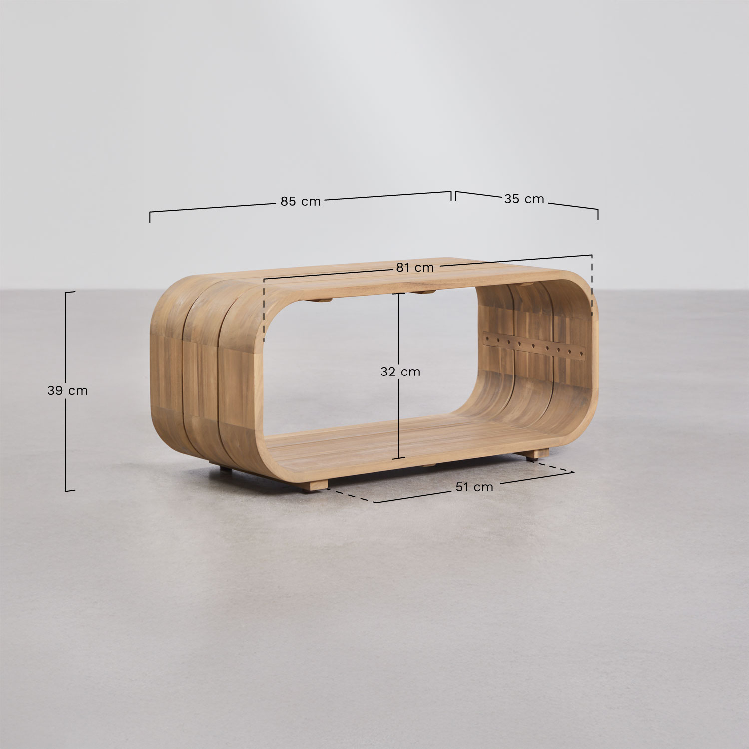 Rectangular side table 85x35 cm in Brivori acacia wood, medidas