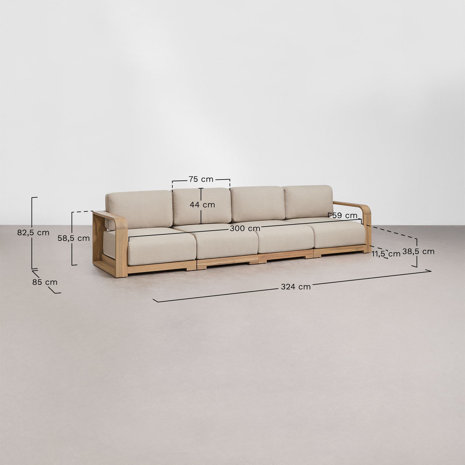 4-piece modular garden sofa set with armrests, armchair, and coffee table in Brivori acacia wood, medidas