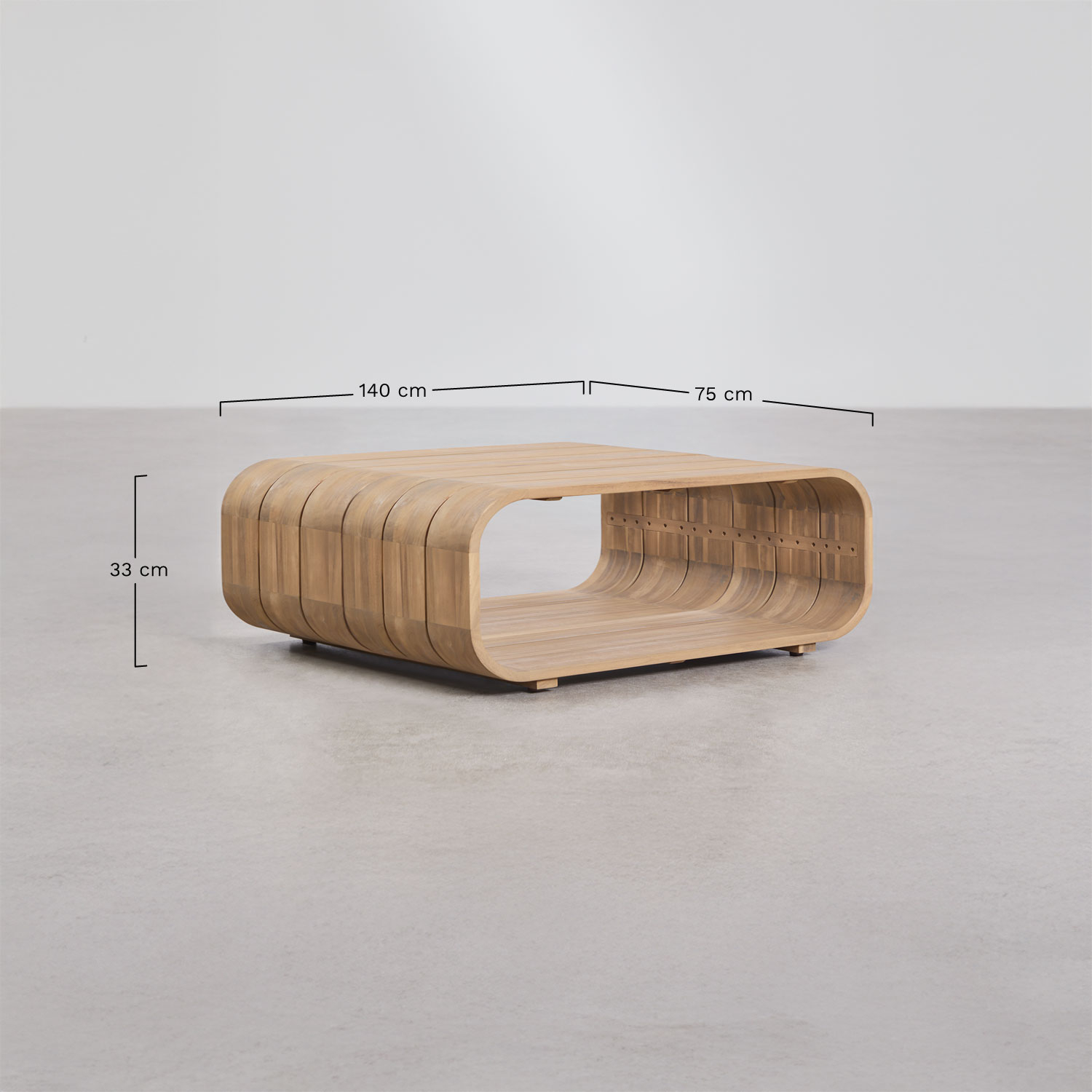 4-piece modular garden sofa set with armrests, armchair, and coffee table in Brivori acacia wood, medidas