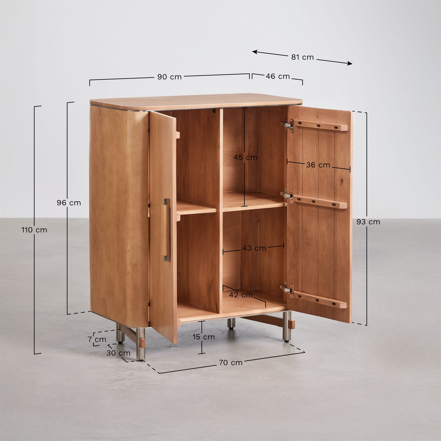 Osaka sideboard in mango wood and steel, medidas