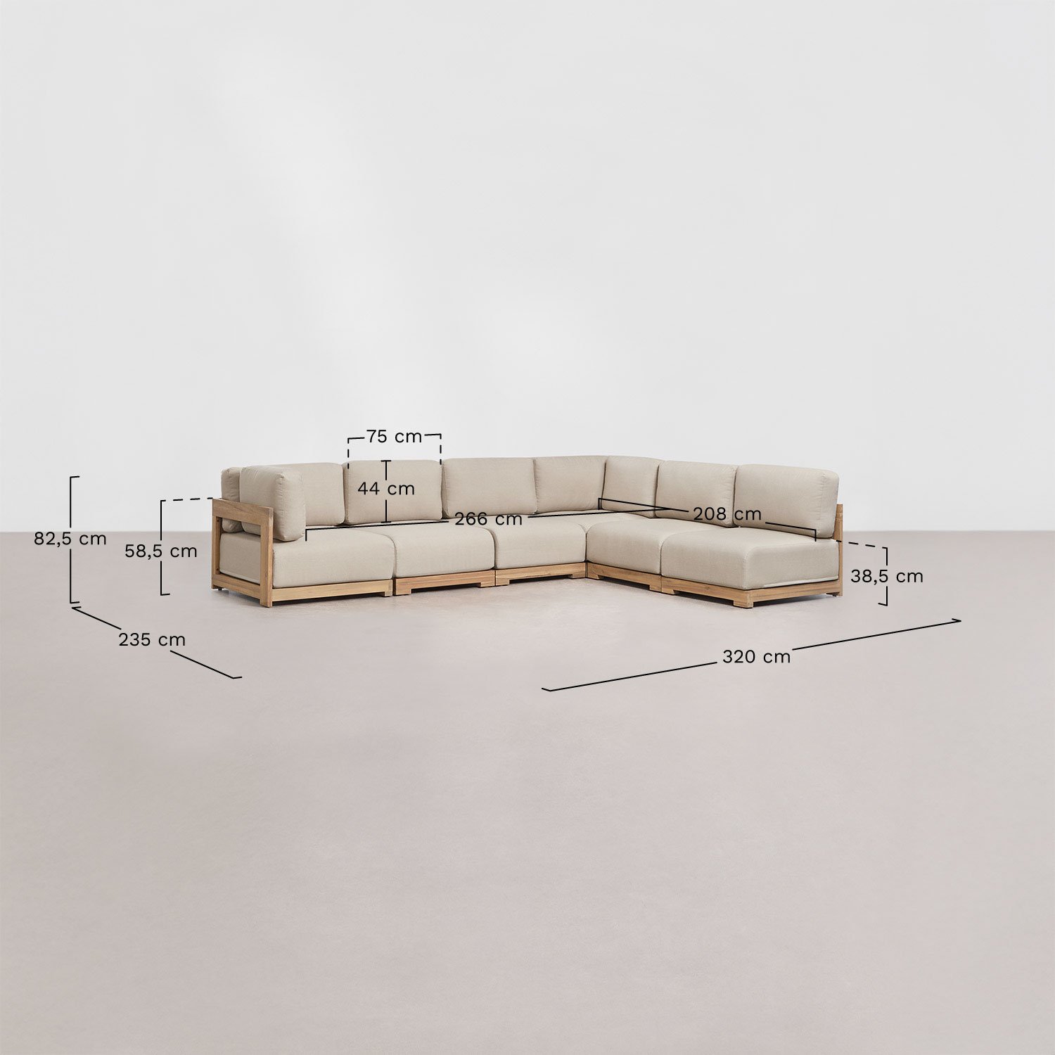 6-piece corner modular sofa garden set, armchair and coffee table in Brivori acacia wood, medidas