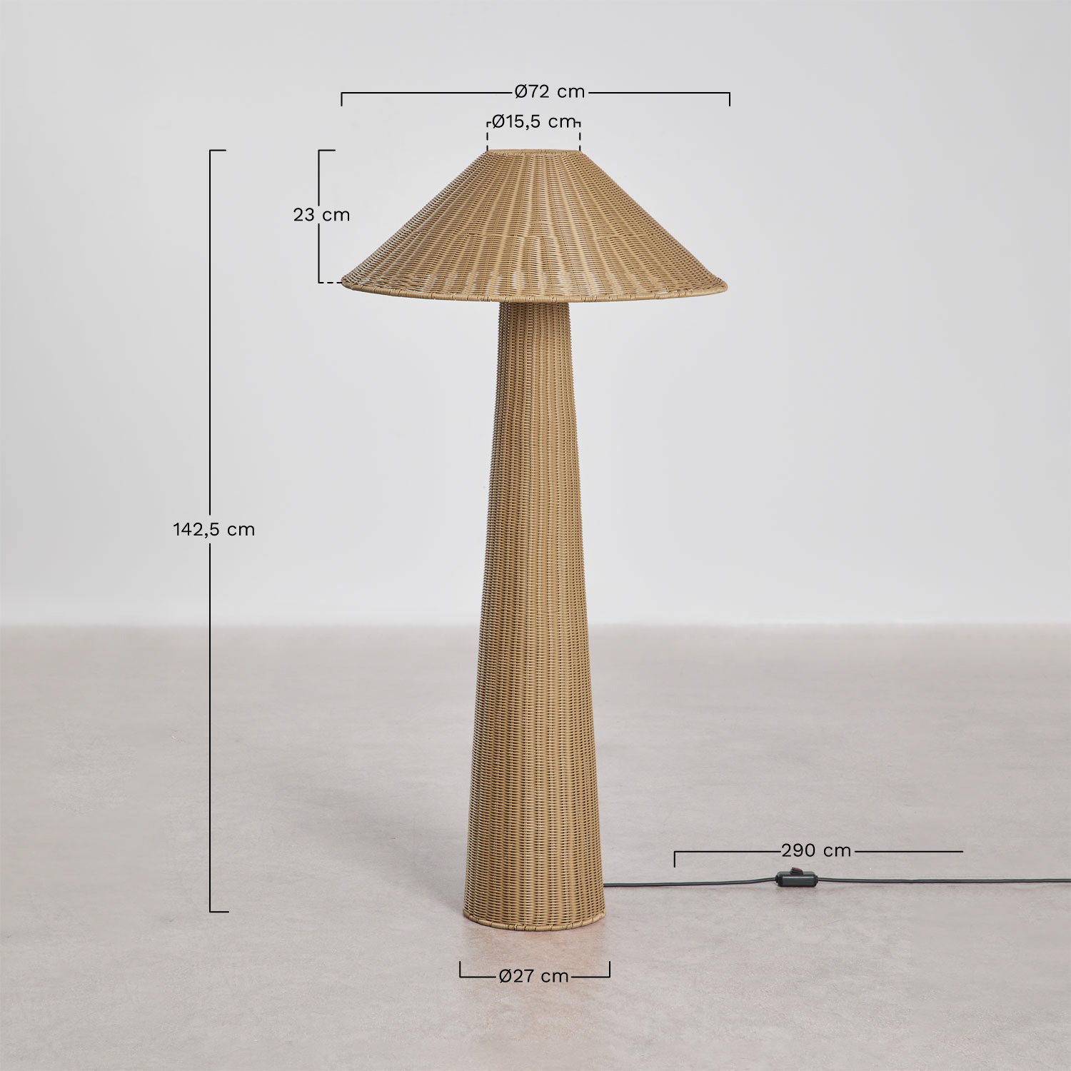 Ekain outdoor floor lamp in synthetic rattan and iron, medidas