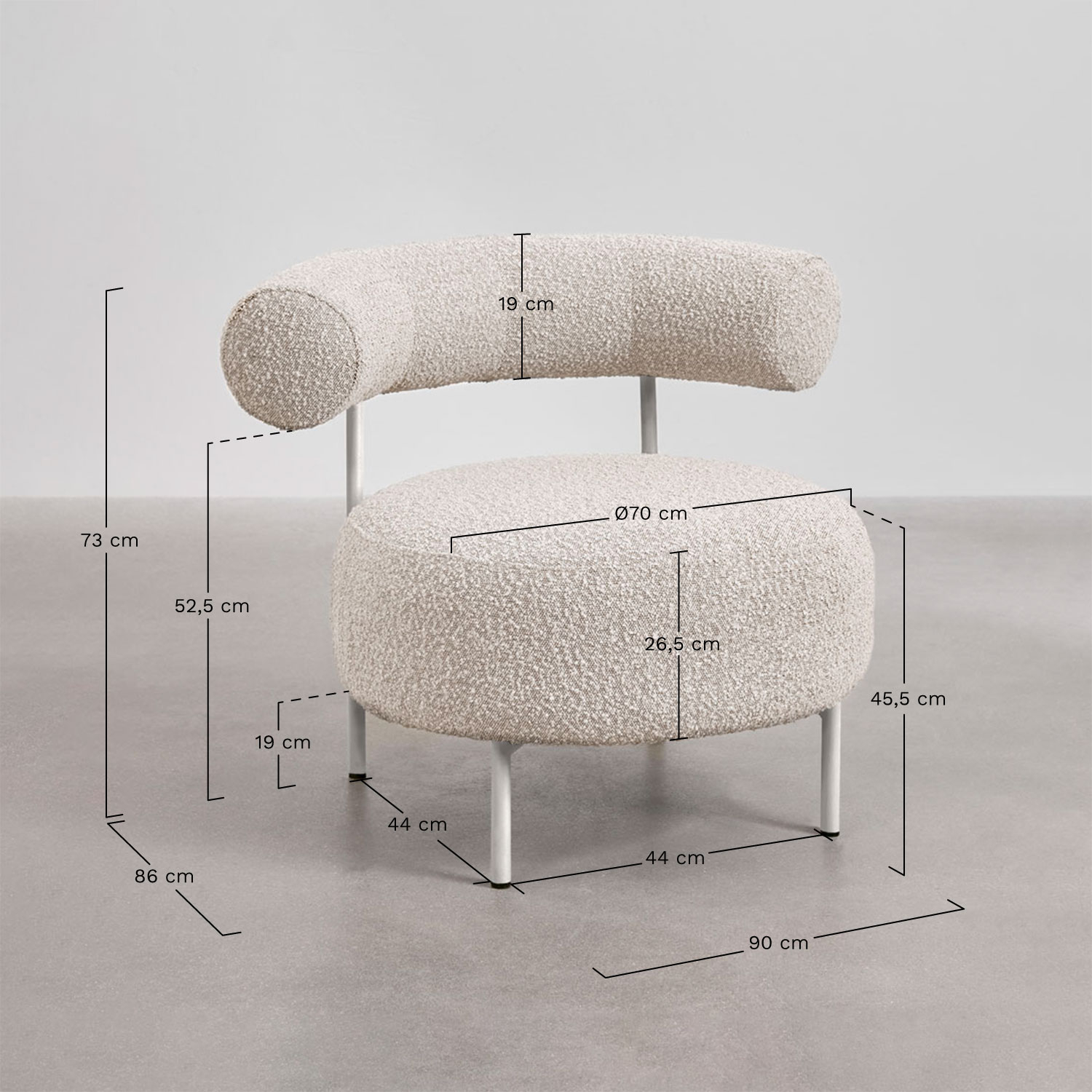 Arieta bouclé fabric armchair, medidas