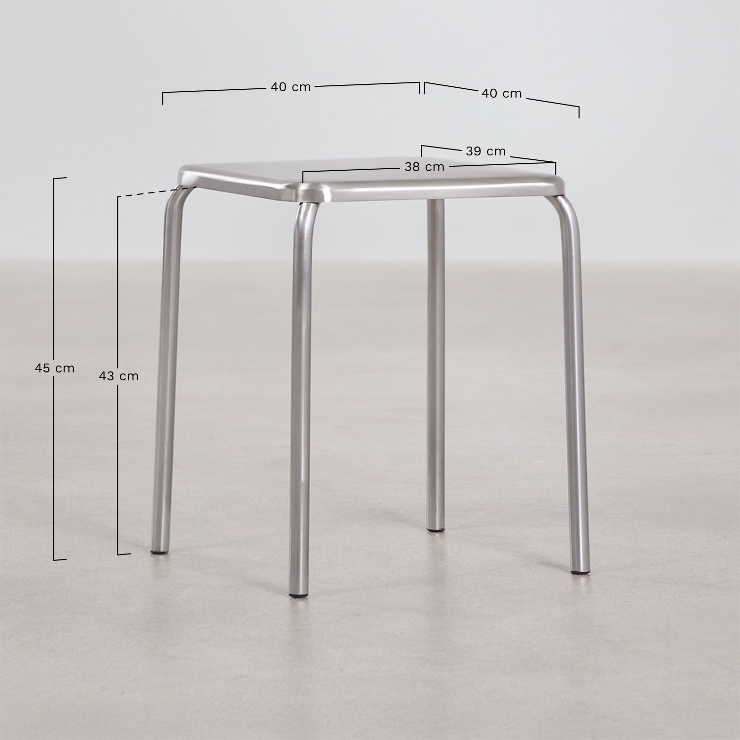 Pack of 2 low 45 cm stackable stools in stainless steel Narnial, medidas