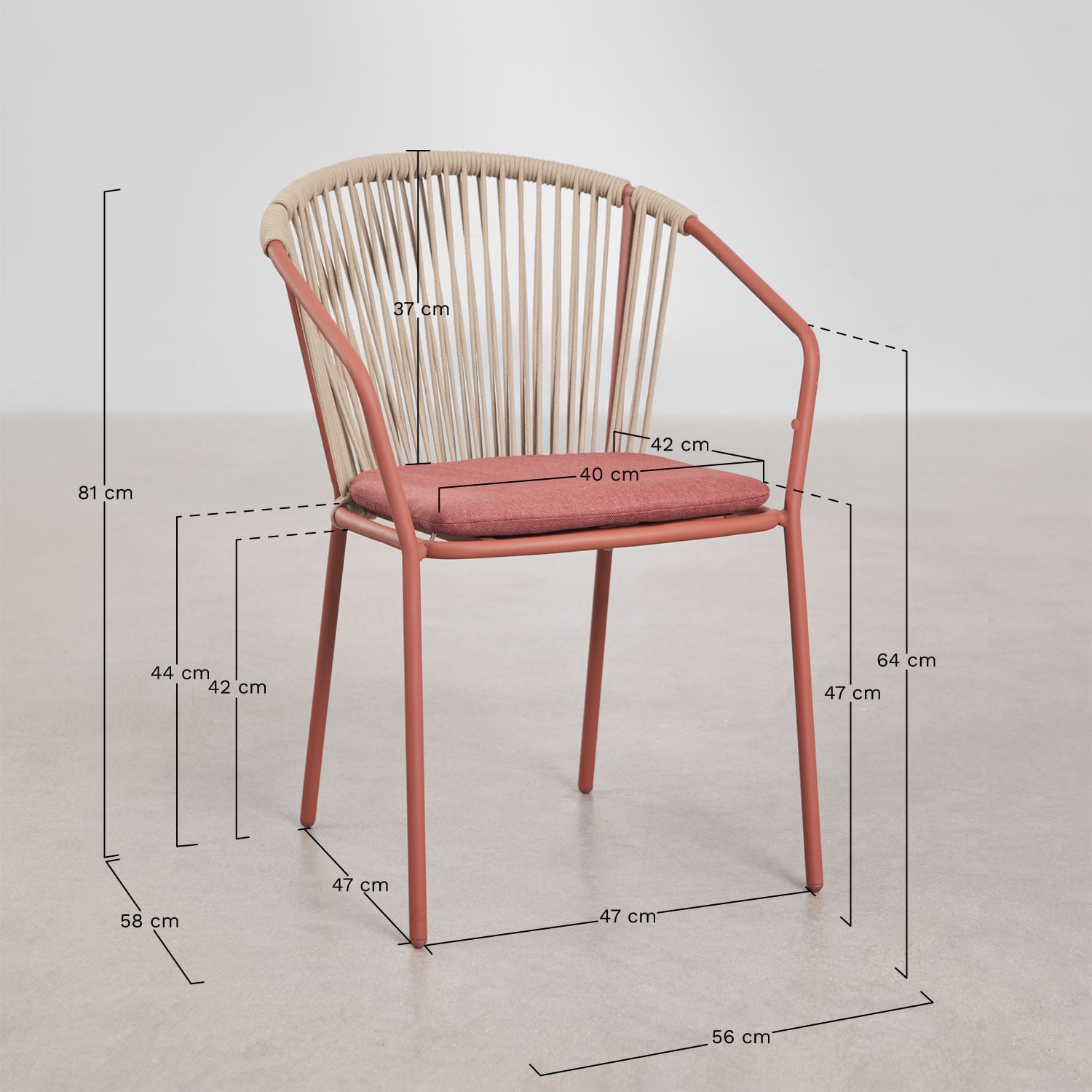 Oklahoma stackable garden chair in steel and braided rope, medidas