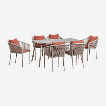 Rectangular Table Set 160x90 Cm And 6 Dining Chairs In Braided Rope Arhiza Classic Mocha Brown - Terracotta - Sklum