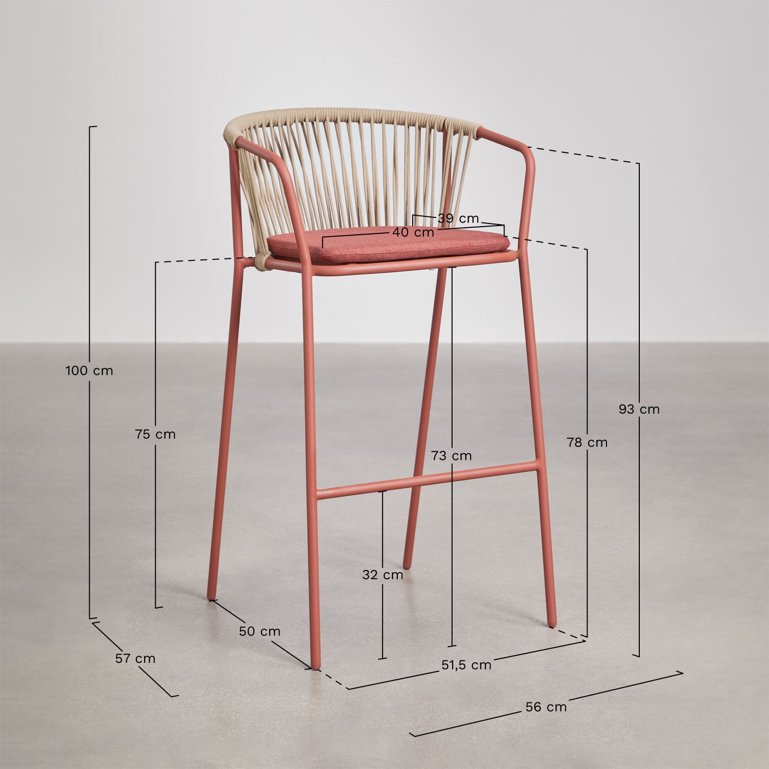 Oklahoma high stool in steel and braided rope, medidas