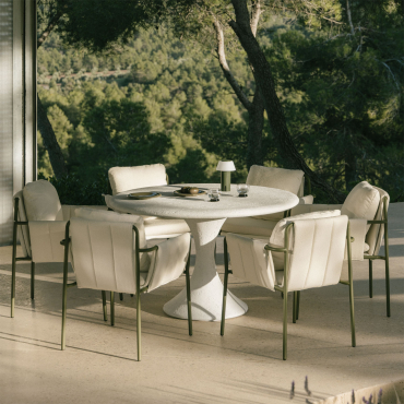 Eloria Ø120 Cm Round Cement Table Set And 6 Garden Armchairs Upholstered And In Zunika Steel Deep Olive Green - Sklum