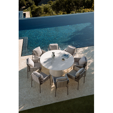 Numira Ø150 Cm Round Cement Table Set And 8 Upholstered Garden Armchairs In Zunika Steel Moka Brown - Sklum