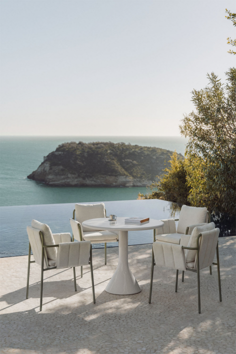 Round table set Ø90 cm in cement and fiberglass Melody and 4 garden armchairs upholstered and in steel Zunika - Deep Olive Green 