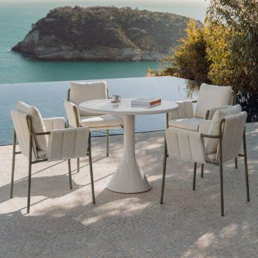 Round Table Set Ø90 Cm In Cement And Fiberglass Melody And 4 Garden Armchairs Upholstered And In Steel Zunika Deep Olive Green - Sklum