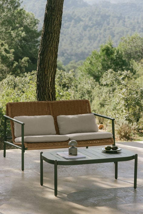 Duroli synthetic rattan and aluminum garden set with 2-seater sofa and coffee table - Deep Olive Green 