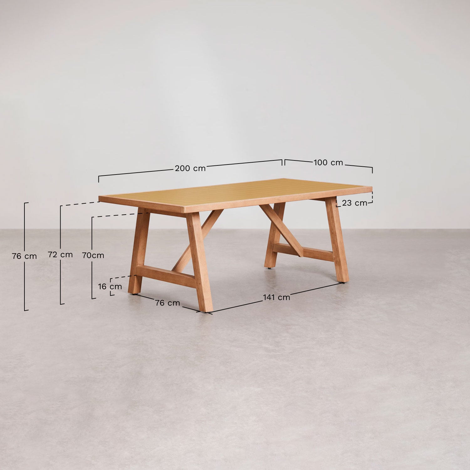 Rectangular 200x100 cm garden table in Dubai acacia wood, medidas